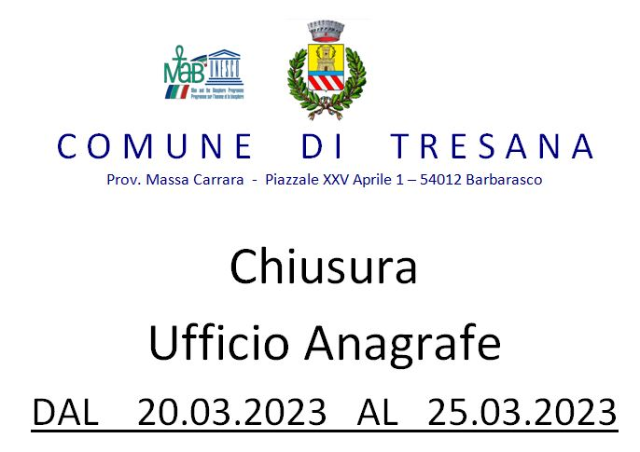 CHIUSURA UFFICIO ANAGRAFE DAL 20.03.2023 AL 25.03.2023