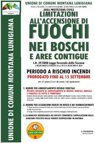 Limitazione All'accensione di Fuochi - Prorogato fino al 15 Settembre.